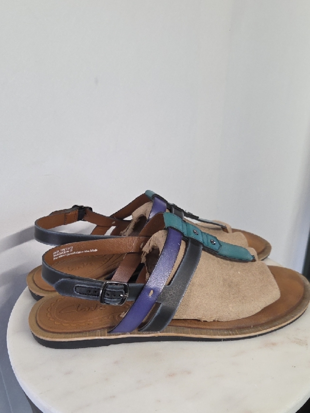 Clarks Womens Teal Purple Black Leather T-Strap Slingback Sandals Size 11M - Picture 3 of 6